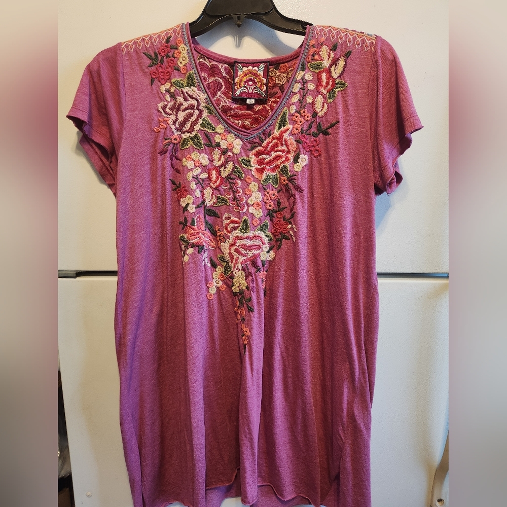Johnny Was Purple Floral Embroidered Tee